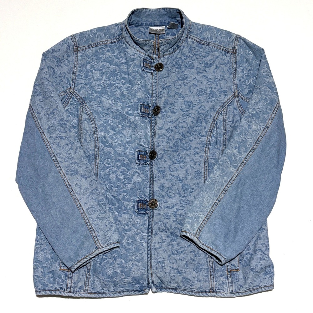 Chico's Denim Jacket 2 Womens L Blue Floral Embossed Frog Cotton‎ Closure Boho